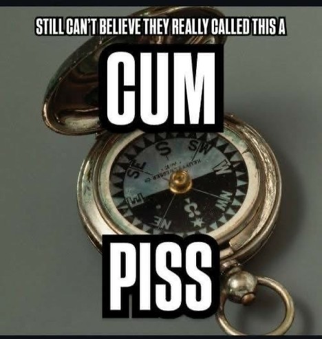 This is a meme that combines elements of humor and satire, often associated with redneck culture and American patriotism. The image features a compass with the words "CUM" and "PISS" superimposed in large, bold letters. The text at the top reads, "STILL CAN'T BELIEVE THEY REALLY CALLED THIS A."

The meme plays on the double entendre of the word "compass," which can refer to both a navigational tool and a colloquial term for male genitalia. The juxtaposition of the formal navigational tool with the crude language creates a humorous effect, poking fun at the perceived simplicity or crudeness of certain cultural stereotypes.

The overall tone is lighthearted and intended to elicit laughter or amusement, often appealing to an audience that enjoys self-deprecating humor and cultural satire.