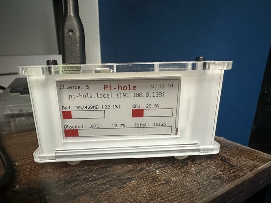 A small white enclosure around a small rectangular display showing statistics like CPU usage, RAM used and the number of blocked IP addresses.
