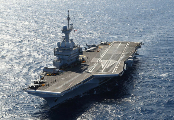 The French aircraft carrier Charles de Gaulle (R91) sails south of Cyprus in TaskForce437.