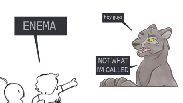Two characters in bottom left are pointing at a panther on the other side of the page.  The panther uses dialogue boxes to say 'hey guys.'  The two in the bottom left say 'ENEMA'  and the panther responds 'NOT WHAT I'M CALLED'
