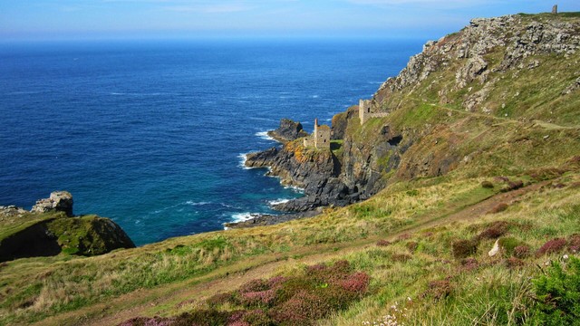 The image shows a scenic view of Botallack Mine in Cornwall. The Crowns Engine Houses, remnants of the mine, stand on a rugged, rocky cliff face overlooking the deep blue sea. The cliff is covered in green grass and purple heather, with a dirt path winding down towards the engine houses. The sky is clear and blue.