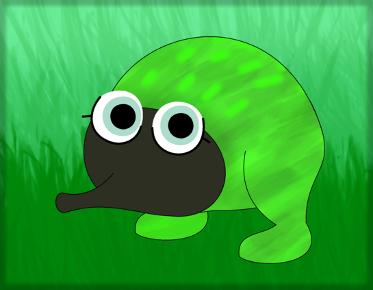 Drawing of a Green Snurp (from Miitopia) standing on a grassy field. This creature (the Snurp in question) has a nose in the form of a proboscis, two eyes and a round green body with two short legs.