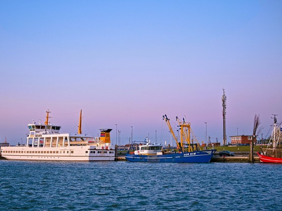 A white ferry, a blue cutter and half of a red cutter are anchored in a harbour. The water of the North Sea is blue, the sky pink and blue. It is dawn.
