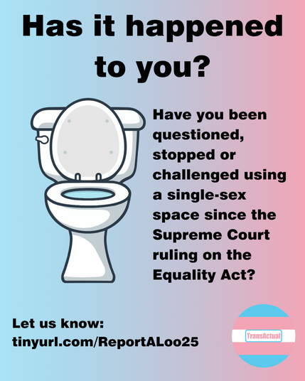 Accessibility: Has it happened to you? Have you been questioned, stopped or challenged using a single-sex space since the Supreme Court ruling on the Equality Act? Let us know: tinyurl.com/ReportALoo25 Illustration of a toilet