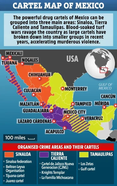 CARTEL MAP OF MEXICO The powerful drug cartels of Mexico can be grouped into three main areas: Sinaloa, Tierra Caliente and Tamaulipas. Blood-soaked turf wars ravage the country as large cartels have broken down into smaller groups in recent years, accelerating murderous violence.  Areas deeply affected include MEXICALI TIJUANA NOGALES  SINALOA TAMAULIPAS _Cartel de JaliscoNueva ~ ° Los Zetas © Beltran Leyva Generacion (CJN)  Juarez cartel