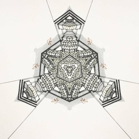 Kaleidoscopic view of an architectural drawing of a Greek monument