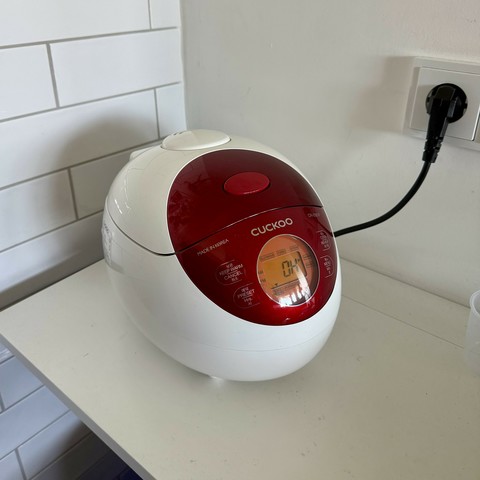 The new rice cooker, shaped like an egg with a menu area in red.