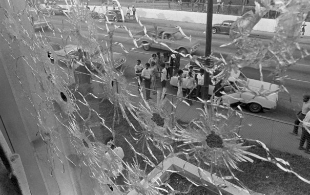 The bullet-riddled windows of Alexander Hall, a women’s dormitory at Jackson State College in Jackson, Miss. Two African American students were killed and 12 injured when police opened fire on the building claiming they were fired upon by snipers, May 15, 1970. (AP Photo)