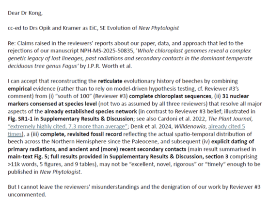 First lines of my letter to the handling editor of our manuscript on the evolutionary history of beeches.