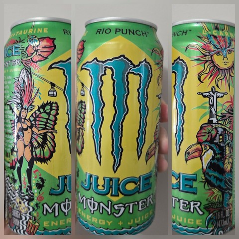 Collage of three photographs oriented horizontally. Each of them shows a vertical image of a different angle of the same can of Rio Punch Juice Monster. The left image shows the left side of the can with a woman dressed with in a Brazilian samba outfit with long, black boots and colorful butterfly, behind her are leaves and a yellowish background. The central image, which is wider, shows the can head on with a yellow diamond background with green behind it and a blue Monster energy "M" logo that looks like three claw-marks with the words "Juice Monster" beneath it and "Rio Punch" at the top. The overall design is intended to look like the Brazilian flag. The right image shows the same can turned again and it shows a toucan in the foreground and the Christ the Redeemer statue in the background with a stylized sun in the upper corner.