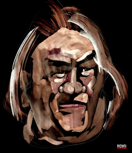 Cart00n von Gérard Depardieus Kopf und seiner etwas unförmigen Nase. Dazu der Text: Warum muss er auch überall seine Nase reinstecken? Eine Anspielung auf seine Verurteilung wegen sexueller Gewalt.