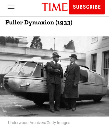 Fuller Dymaxion (1933)
Photo:  a round blimp-shaped car on three wheels that was utterly unsafe to drive