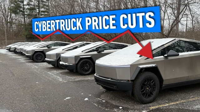 Cybertrucks with sign saying cybertruck price cuts