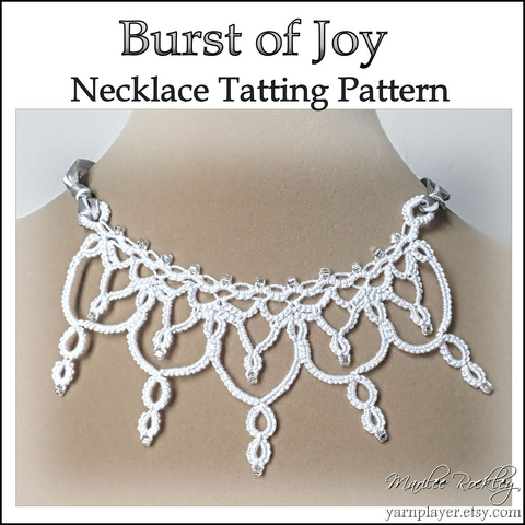 A handmade lace necklace in tatting with a double pointed design, shown in white thread and clear beads on a small mannequin. The lace would show at the front of a neckline only and is finished on each side with ribbon to tie around the neck.