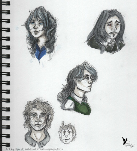 A set of 4 characters sketched traditionally- an unenthused woman with long dark hair and cold eyes, an anxious person with a goatee and mustache, a tired looking man with long dark hair and an exhausted expression, and a scruffy looking middle aged man with a smile on his face. There's also a scribbly little cartoony doodle of a child next to him with his tongue sticking out