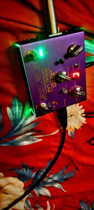 The Photographic composition shows a purple pedal labeled "JOYO VOCAL LAB" placed on a red fabric with a floral pattern. The pedal has several knobs and switches, including a green LED light on the left, a red LED panel in the middle & on the right another green LED, two footswitches adorn the FX. The pedal is connected to an XLR cable on the right, and there is a metal XLR output jack on the left. The knobs are labeled with various functions such as "KEY SELECT," "MIC GAIN," "REVERB," and "SHARPNESS." The red LED light is illuminated, indicating the pedal is powered on. The background fabric features large blue and white floral designs on a red base.

 Ovis2-8B

🌱 Energy used: 0.588 Wh