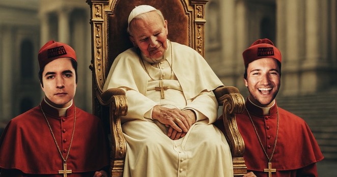 K.I.-generiertes, satirisches Bild vom scheinbar schlafenden Papst Johannes Paul II., auf einem Thron getragen von Daniel Pook und dem Kaffeemann aus "Der Letzte Podcast". Alle Personen tragen Outfits und Schmuck ähnlich offiziellen Gewändern und Objekten von Würdenträgern der katholischen Kirche. Die Szene findet vor dem Hintergrund des Vatikans statt.