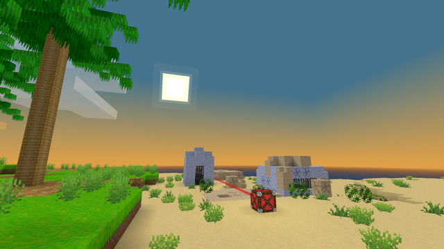 A beach at sunrise. Seveal stone structures with cracky stone blocks, a red laser, a palm and small grass decorate the scene.