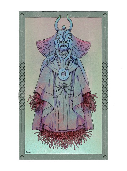 Illustration of a strange ghost with a cow-like mask, and creepy tendrils coming out from below their tunic.