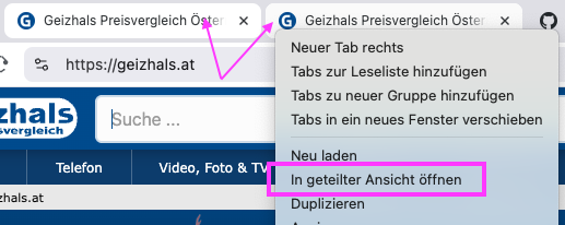 Screenshot of brave browser tab bar. two tabs selected. context menu highlighted "In geteilter Ansicht öffnen"