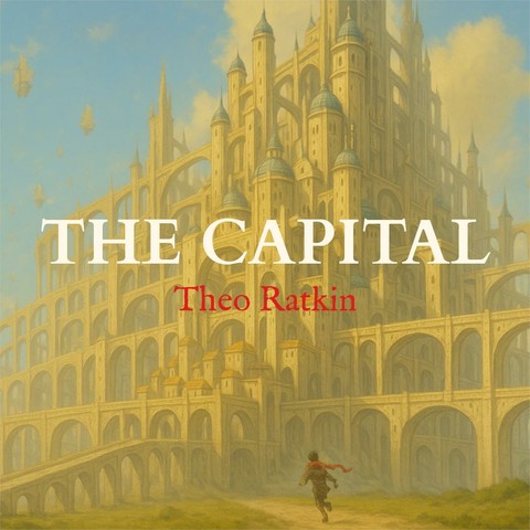 A massive fantasy-medieval city with steampunk and sci-fi elements rises vertically with countless bridges and towers. Elegant skyships with sails fly in formation across the blue sky. A small figure wearing a red scarf runs toward the glowing golden city from the foreground. The text on the image reads "THE CAPITAL - Theo Ratkin".