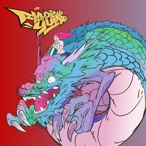 Album cover of Ryujin no Yume by Marcus D, featuring a vibrant, anime-inspired illustration of a fierce, multicolored dragon with sharp claws and an expressive face, ridden by a pink-haired character, set against a gradient red and purple background.