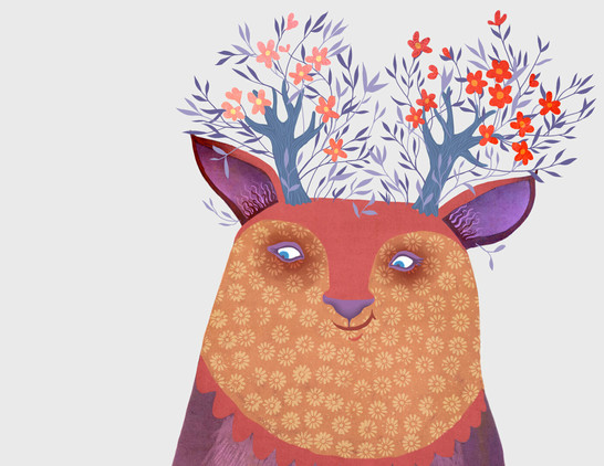 Family Comes in All Shapes, Sizes and Colors
Smiling, friendly mom and toddler creatures shine in their brilliant orange, purple and pink colors. Their blue horns bloom with tiny flowers. (This description created especially for my lovely blind friend, Georgiana. ) :-)