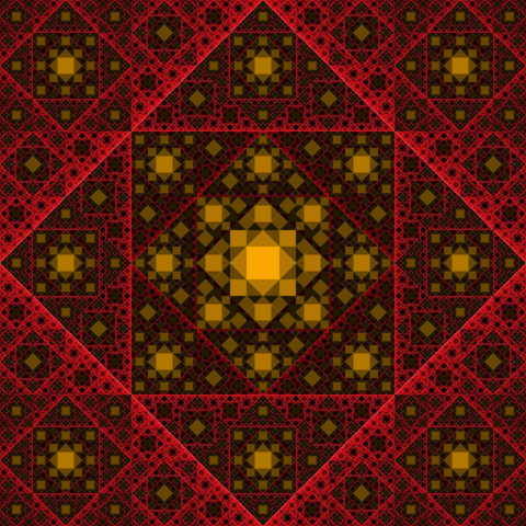 Fractal with 4 symmetry axes, composed of squares and half-squares, in pink and yellow shades.