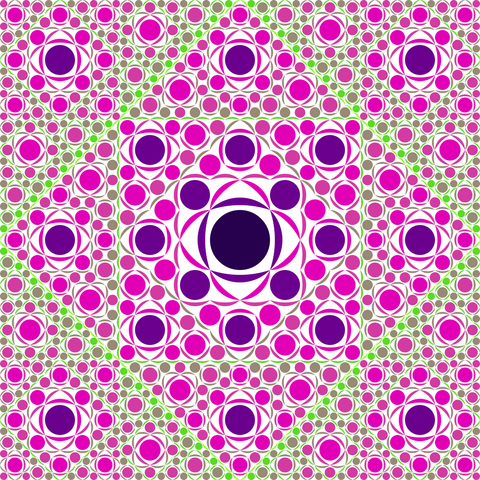Same fractal (one less iteration level) using circles and crescents, colors blue, purple, pink, grey, and green over a white background.