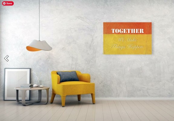 Orange and yellow painting that says "Together We Make Things Happen" by artist Sharon Cummings.