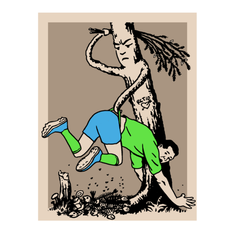 Line drawing in tones of black, brown, and sounders bule and green. A cranky tree holds a Sounders player up by his jockstrap and whips him with a handful of Doug fir branches. On the ground is a pile of fish heads with flies buzzing around. Stinky Sounders!