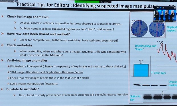 Practical Tips for Editors: Identifying suspected image manipulation

Check for image anomalies
Unusual contrast; artifacts; impossible features; obscured sections; hand drawn...
Do blots contain splices; duplicated regions; are too "clean"; odd features?

Have raw data been shared and verified?
Check for completeness; faithfulness; variability; have replicates been shared?

Check metadata
Who created file; when and where were images acquired; is file type consistent with what's described in the Methods?

Verifying image anomalies
Photoshop / Powerpoint (change transparency of top image and overlay to check similarity)
STM Image Alterations and Duplications Resource Center
Check that raw images reflect those in the manuscript / article
COPE Image Manipulation flowcharts

Escalate to institute?
Best placed to verify provenance of research; scrutinise lab books/hardware; interview
