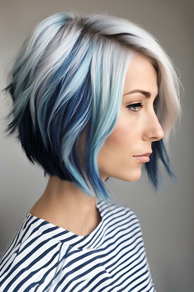 A profile view of a person with a trendy bob haircut featuring shades of blue and white hair.