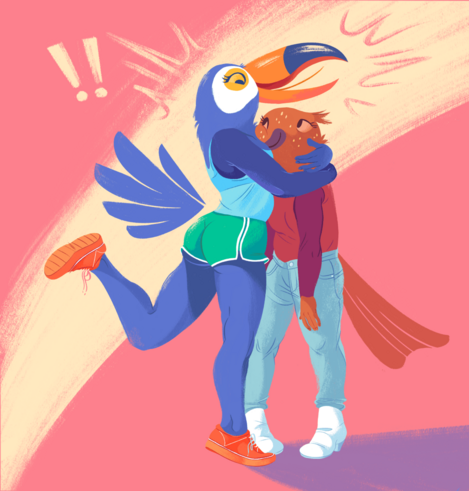 A painting of two anthro characters; a toucan hugging a shorter song thrush's head to her chest, two exclamation to the side indicating excitement.