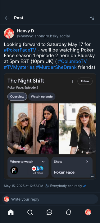 A screenshot of a Bluesky post for a watch along of Pokerface S1E2