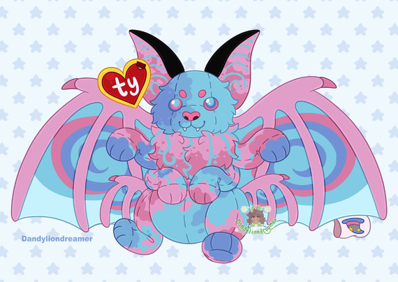 art type: Beanie baby
Species: bat
4 Arms, 2 leg, 4 wings
colors used: light pink, dark pink, light blue, dark blue, black

red heart tag says TY, wing tag has a wizard hat on it