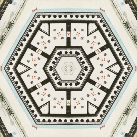 Kaleidoscopic view of an architectural drawing of a Greek monument
