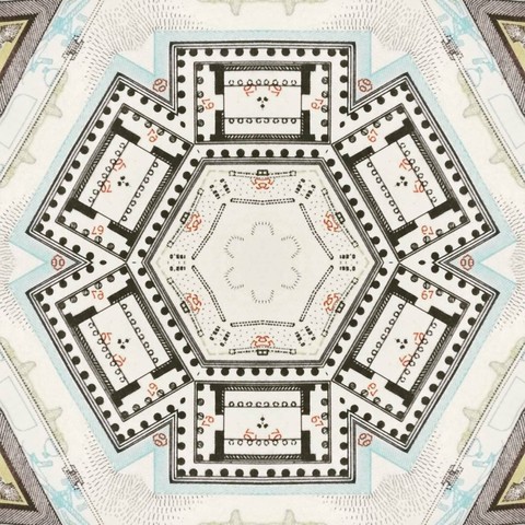 Kaleidoscopic view of an architectural drawing of a Greek monument