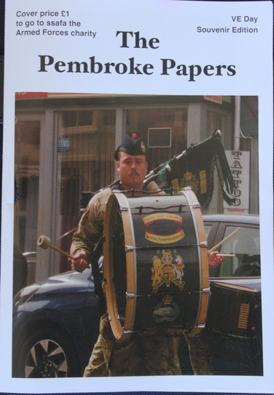 Very serious drum and pipe major on the front cover of the VE Day 'Souvenir Edition' of The Pembroke Papers. Top left 'cover price £1 to SSAFA