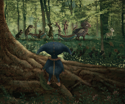 Deep within a forest, blooming with all flavors of green, march several creatures of varying shapes, sizes, colors and attitudes. With determined looks, they stomp and strut past a small blue monster with large yellow eyes and a curious expression. Atop its head, a friendly dragonfly joins him. NOTE: This description created especially for my lovely blind friend, Georgiana. :-)