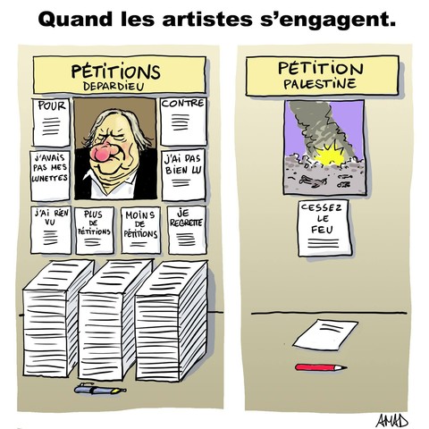 gros pif rouge du comedien depardien qui illustre une pétition de soutien en 2023 versus d'une hypothétique en soutien à Gaza avec le titre de "quand les artistes s'engagent", et où on constate qu'il y a personne pour Gaza dessin par le dessinateur AMAD