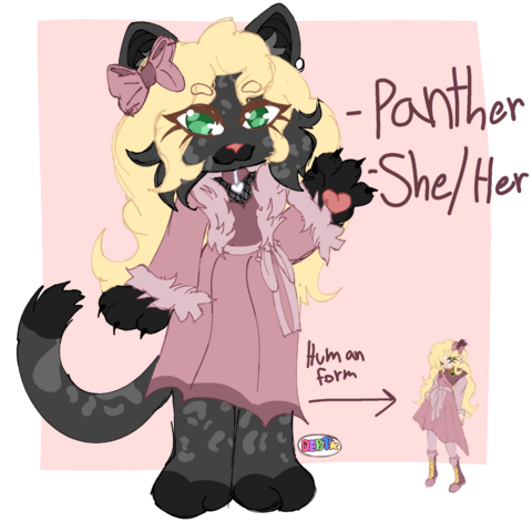 A drawing of an anthro panther OC. She has glamorous black fur and has long blonde hair. She is wearing an elegant pink gown with a fur coat and ribbons. A bow is tied neatly in her hair.