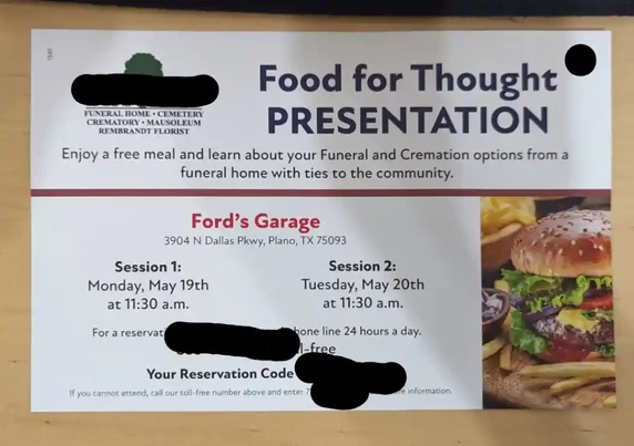 Advert for a luncheon put on by a funeral home.