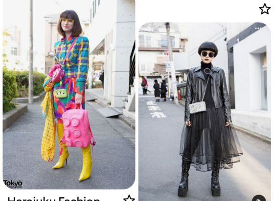 Side-by-side street portraits of two individuals in contrasting Harajuku fashion styles. On the left, a woman wears a brightly colored outfit with a plaid shirt, rainbow skirt, yellow boots, and carries a pink backpack shaped like LEGO blocks, accessorized with playful items like a plush toy and a yellow polka-dot scarf. On the right, another woman wears an all-black ensemble featuring a sheer tulle skirt, platform boots, a leather jacket, and round sunglasses, embodying a gothic and avant-garde look.
