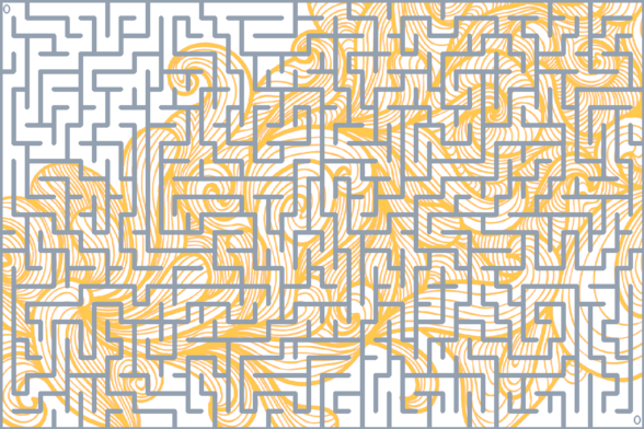 A colorful autogenerated maze. Picture generation details: screen height: 1089, screen width: 1633, primary background color #3B5B8D, primary line color: #93A0B0, using gradient mask mask32.png, gradient background color #FFFF00, square: 12, width: 8, radiusB: 4, radiusW: 4, effect: 14