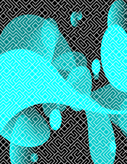 A colorful maze, generated using the 10print method. Picture generation details: screen height: 1121, screen width: 868, primary background color #000000, primary line color: #FFFFFF, using gradient mask mask36.png, gradient background color #00FFFF, square: 22, width: 3, radiusB: 1, radiusW: 3, effect: 14