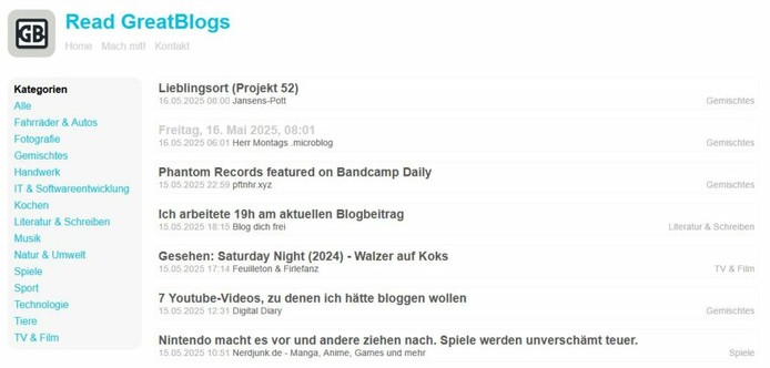 Screenshot der Seite https://read.greatblogs.org mit einer Auflistung von Kategorien und einer Liste von Beiträgen