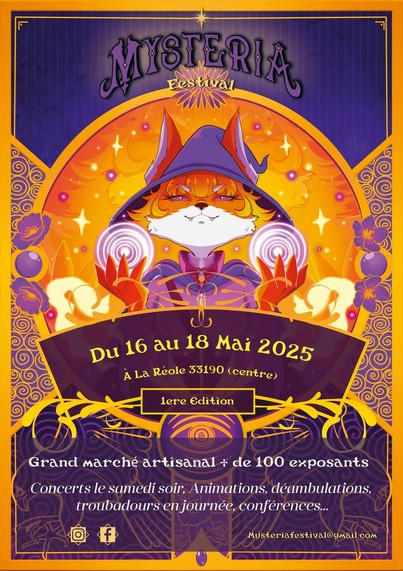 Affiche du Mysteria Festival, du 16 au 18 mai à La Réole 33190 (centre). 1ère édition. Grand marché artisanal de +100 exposants

Concerts le soir, animations, déambulations, troubadours en journee, conférences...