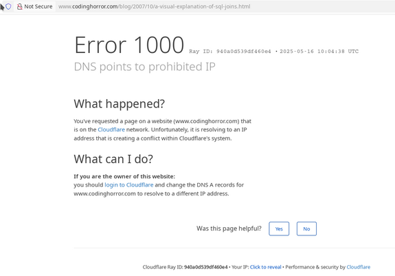 A screenshot of an error page from Cloudflare saying the URL that has been selected points to a prohibited IP