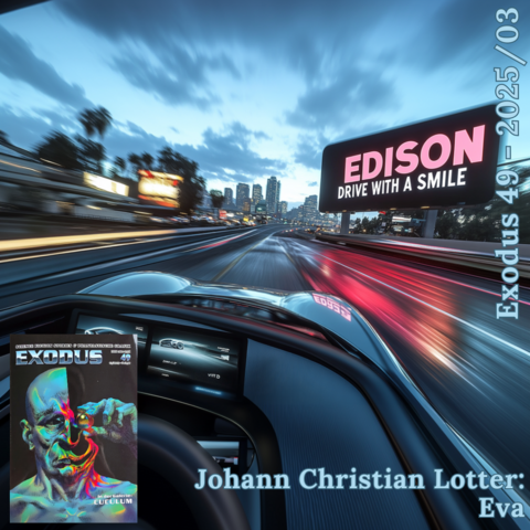 Bild im Hintergrund:
Midjourney Prompt: A dynamic, modern, slightly futuristic car, view from the driver's perspective looking out the window towards the edge of the highway. In the distance, a billboard reads "EDISON - DRIVE WITH A SMILE" in bold letters. The snapshot captures extreme speed: the foreground, road and guardrail are motion-blurred, emphasizing velocity. Urban evening light, cinematic atmosphere, crisp focus on the billboard, realistic reflections on the car's interior, high detail, wide angle

Text rechts oben: Exodus 49 - 2025/03 

Text rechts unten: Johann Christian Lotter. Eva

Bild links unten: Das Cover Ausgabe 49 des Exodus-Magazins. Das Coverbild "Spektrallinien" wurde von Cuculum entworfen.